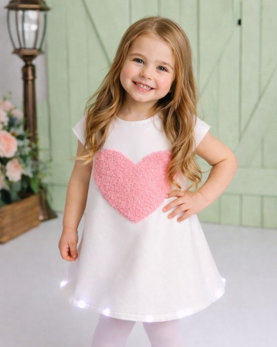 Easter Dress with Lights, White with Pink Heart, 2-4 years