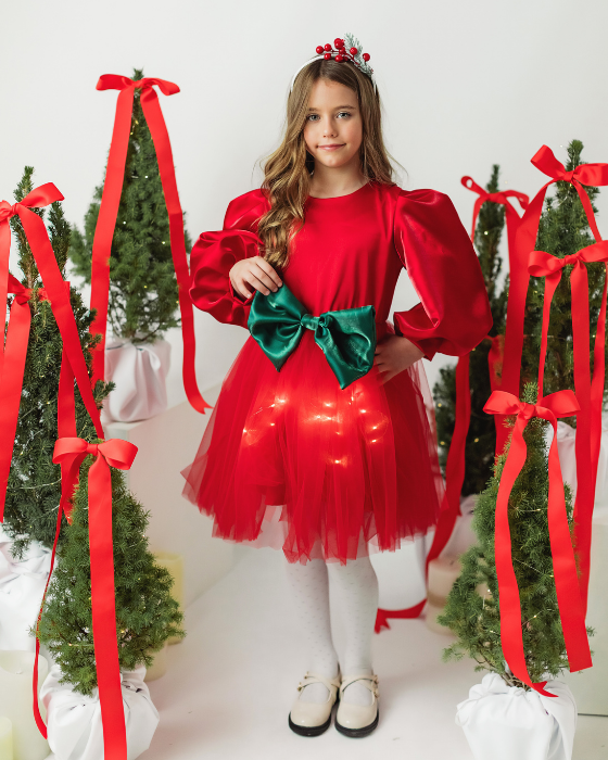 Red Dress with Lights and a Green Bow, for Spring
