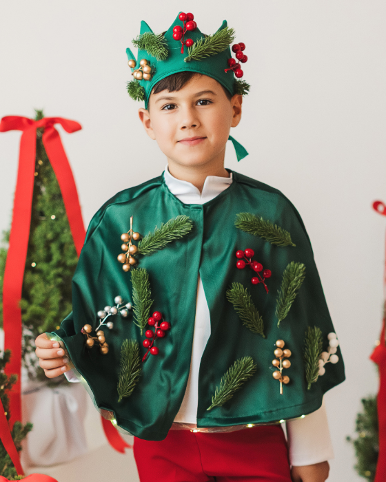 3-Piece Elf Costume, Green-Red, trousers + cape + crown