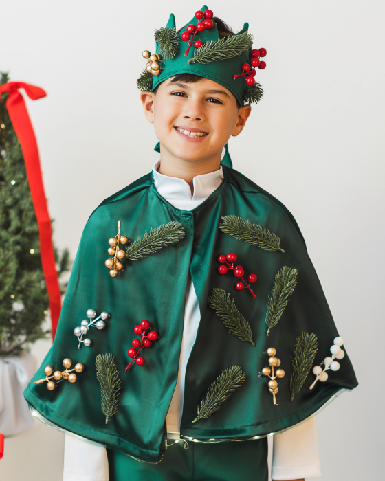 3-Piece Green Fir Tree Costume, Trousers + Cape + Crown