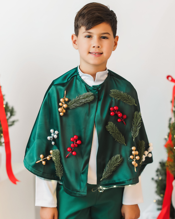 3-Piece Green Fir Tree Costume, Trousers + Cape + Crown