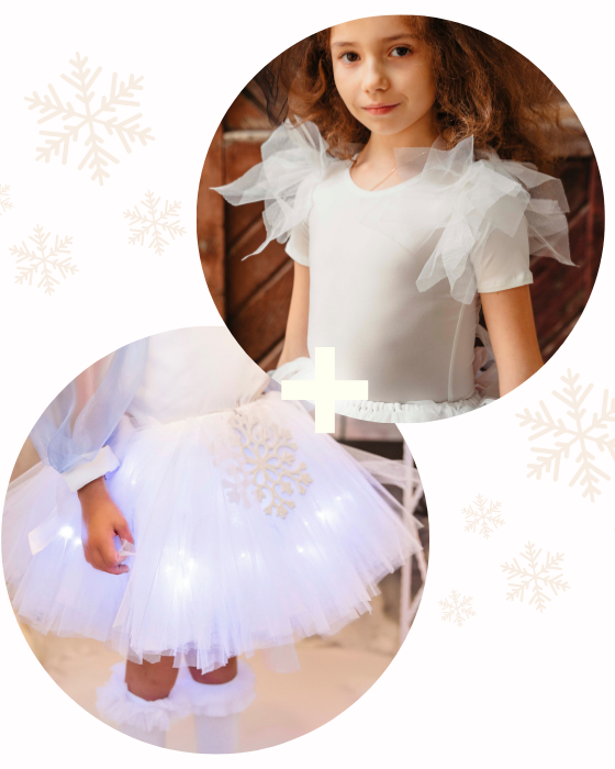 Costum Alb, Fustiță cu Luminițe Albă + Body Alb cu Tulle, Fulg de nea