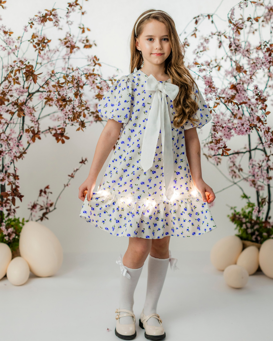 White Dress, Blue Flowers, for School / Kindergarten
