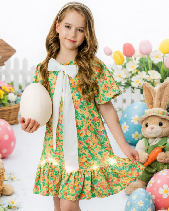 Spring's Cheerful Floral Dress and School/Kindergarten Bow