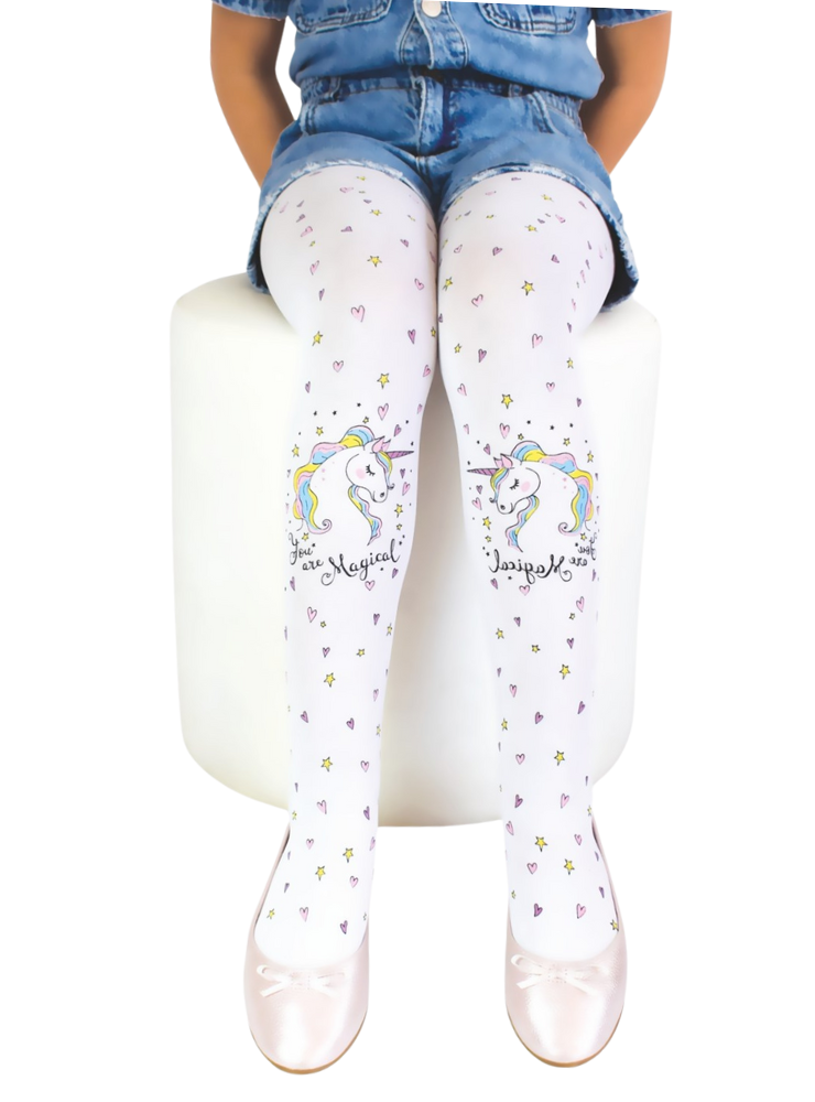 Unicorn Tights -You Are Magical, White, with Stars and Hearts
