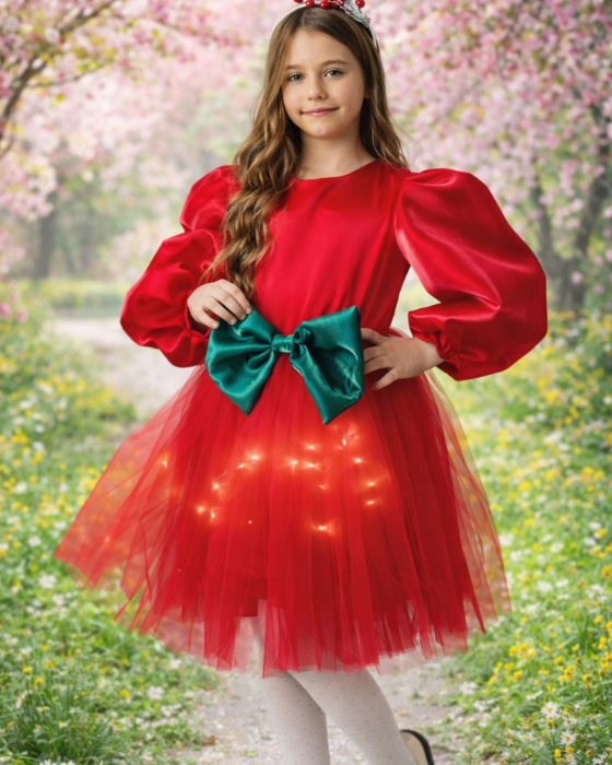 Red Dress with Lights and a Green Bow, for Spring
