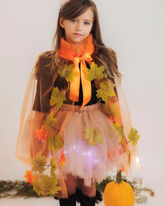 Tulle Cape, Orange with Brown Leaves, Autumn Fairy