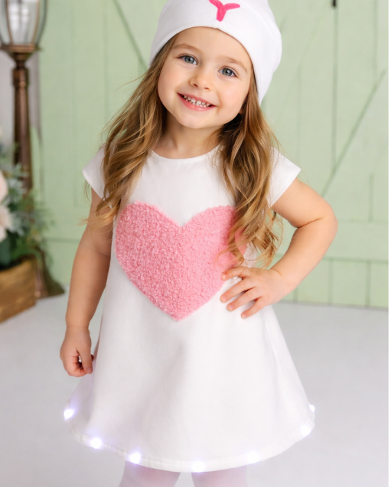 Easter Dress with Lights, White with Pink Heart, 2-4 years