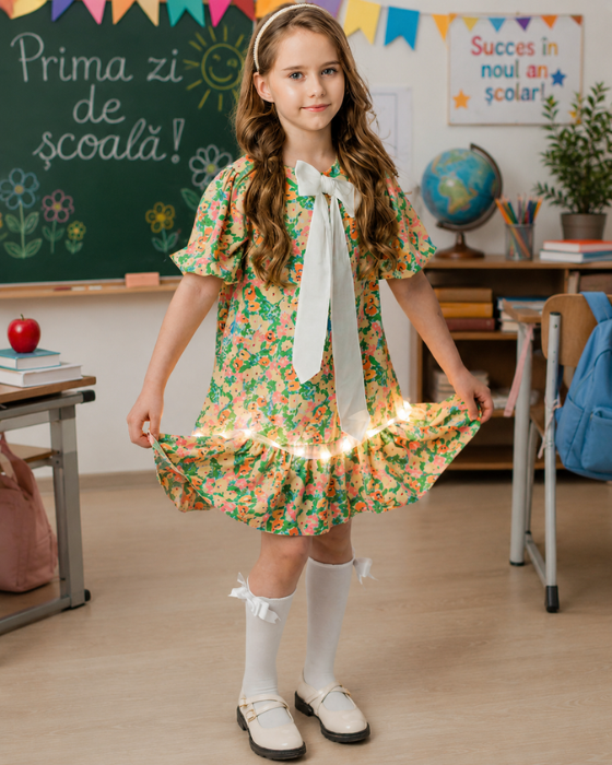 Spring's Cheerful Floral Dress and School/Kindergarten Bow