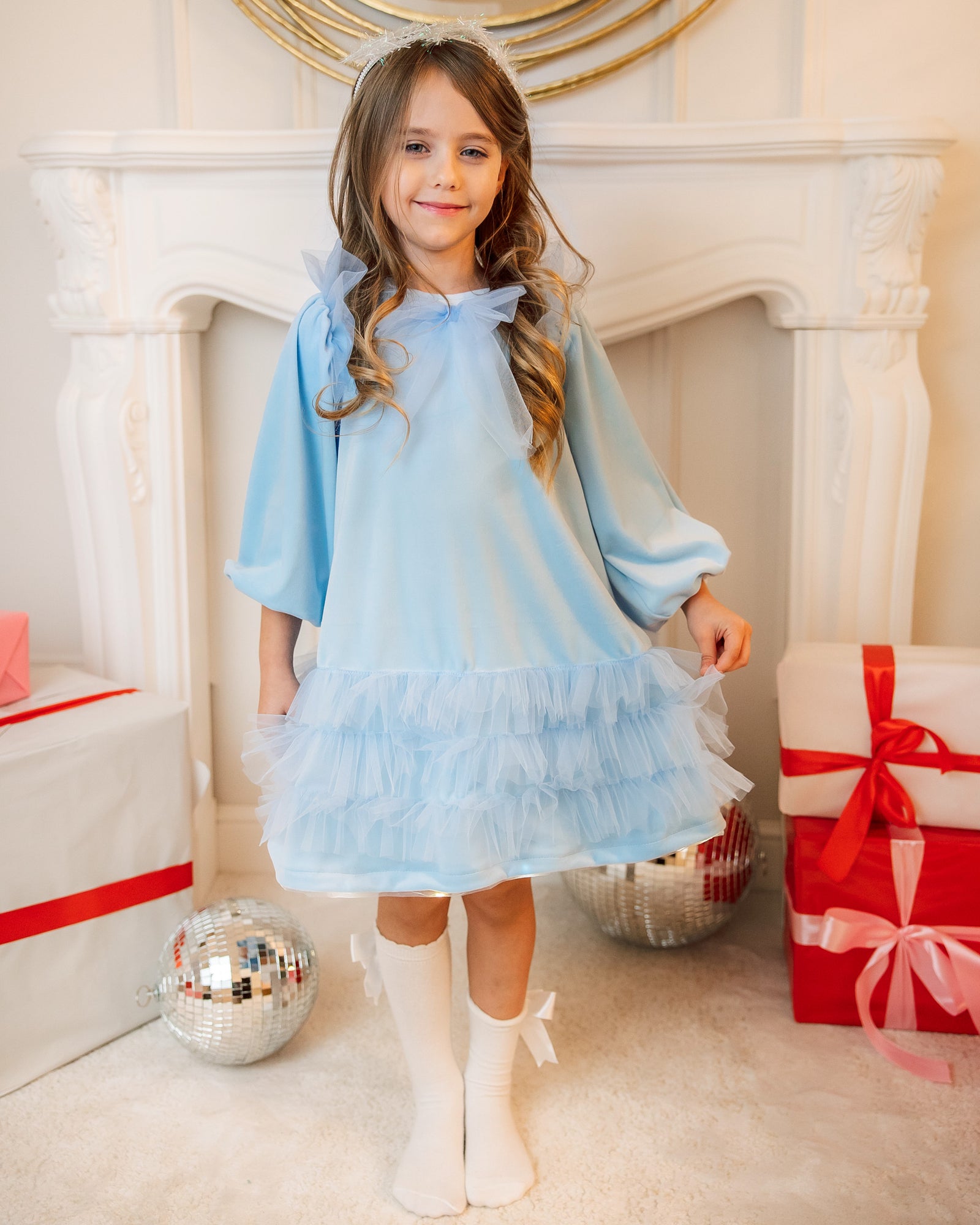 Blue velvet dress with tulle ruffles