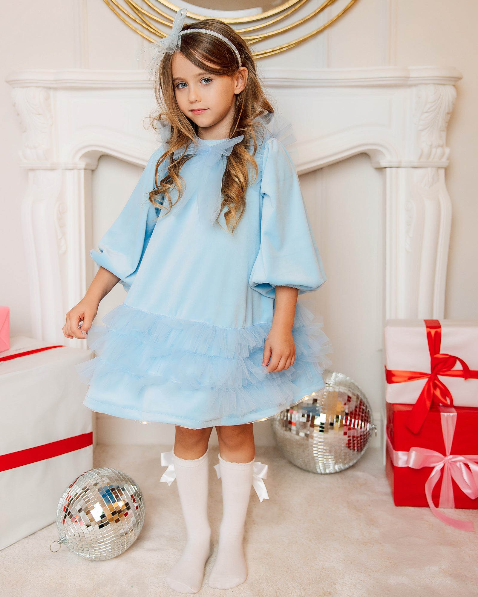 Blue velvet dress with tulle ruffles