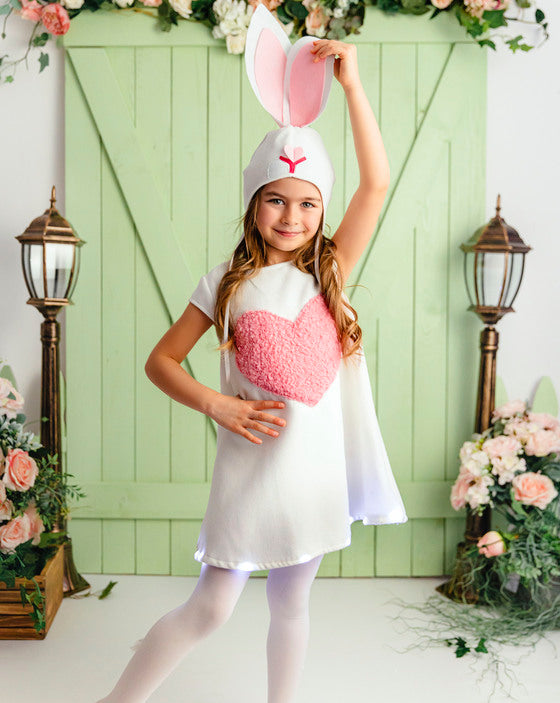 Easter Dress with Lights, White with Pink Heart, 2-4 years