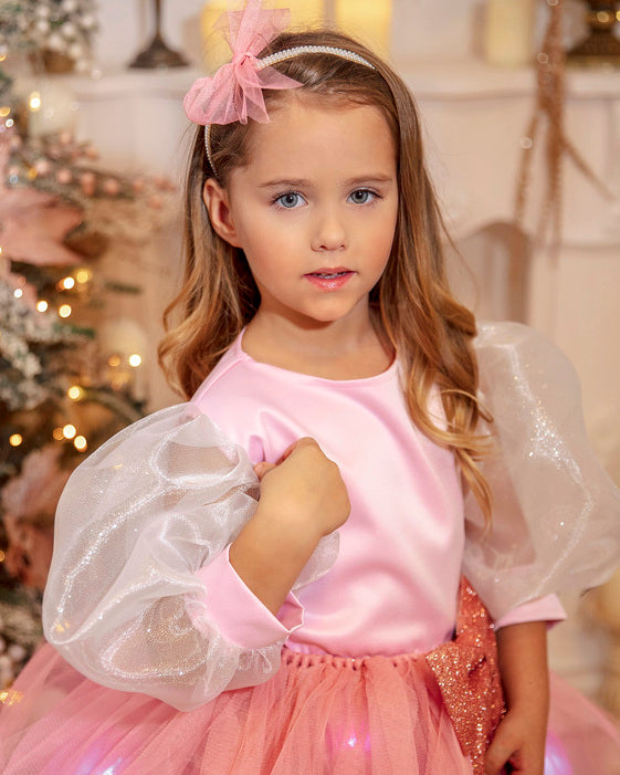 Pink Taffeta Crop Top with Puff Sleeves