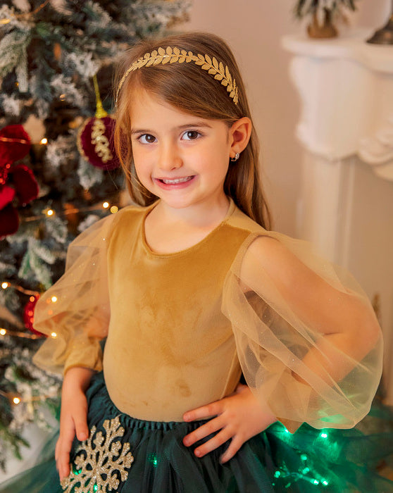 Autumn Fairy Brown Velvet Bodysuit with Glitter Puff Sleeves