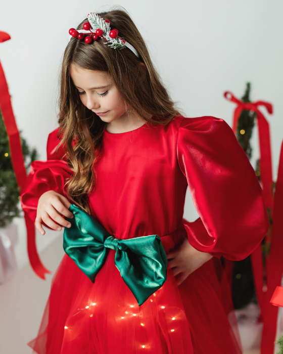 Red Dress with Lights and a Green Bow, for Spring