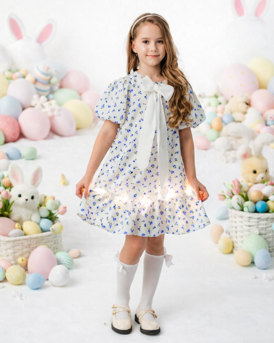 White Dress, Blue Flowers, for School / Kindergarten