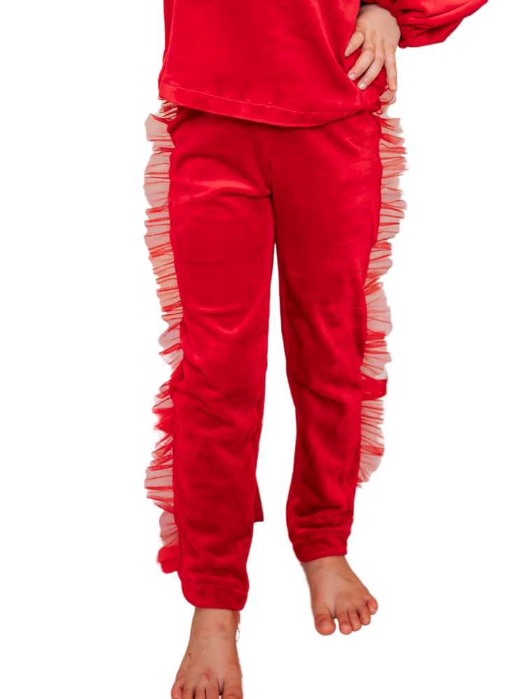 Velvet Tights with Tulle Ruffle, Red 