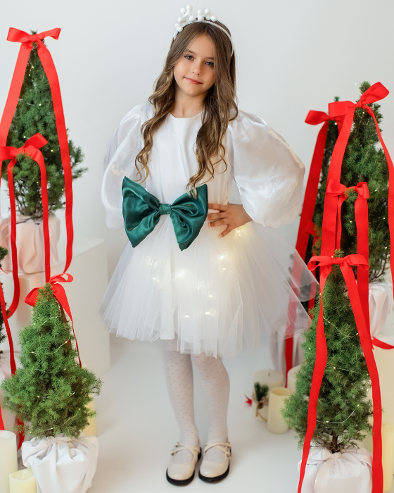 White Dress with Lights and Green Bow, Christmas Joy with Tree