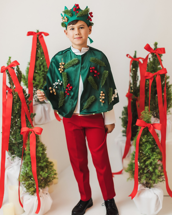 3-Piece Elf Costume, Green-Red, trousers + cape + crown