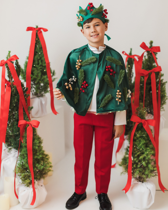 3-Piece Elf Costume, Green-Red, trousers + cape + crown