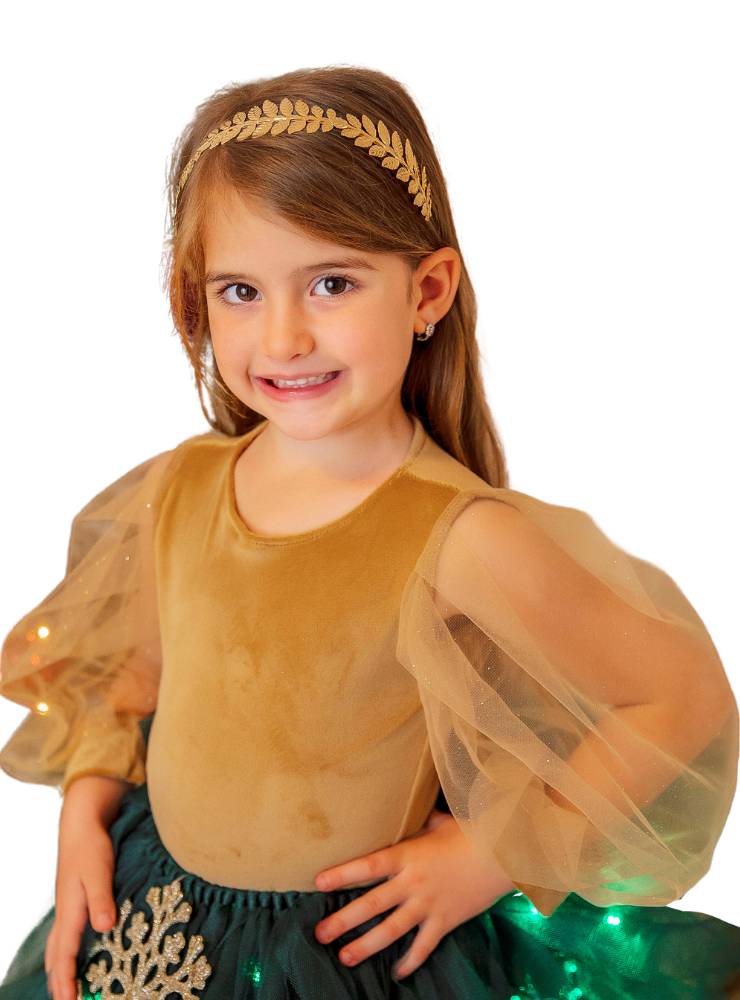 Autumn Fairy Brown Velvet Bodysuit with Glitter Puff Sleeves