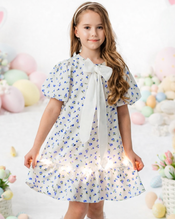 White Dress, Blue Flowers, for School / Kindergarten