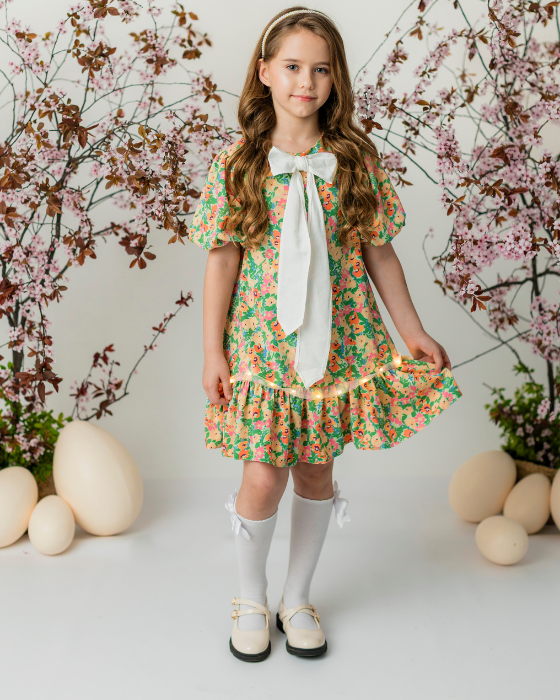Spring's Cheerful Floral Dress and School/Kindergarten Bow