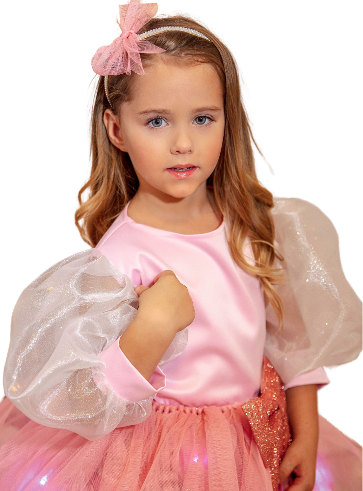 Pink Taffeta Crop Top with Puff Sleeves