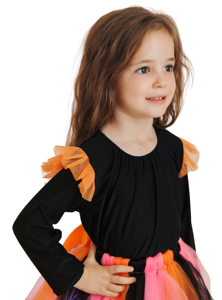 Black Bodysuit with Orange Tulle