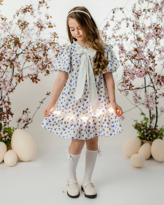 White Dress, Blue Flowers, for School / Kindergarten