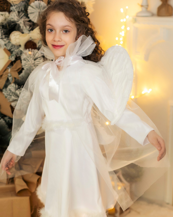 White Angel Cape, Made of Pearl Tulle, with Built-in Feather Wings