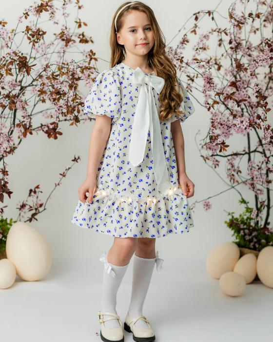 White Dress, Blue Flowers, for School / Kindergarten