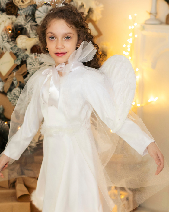 White Angel Cape, Made of Pearl Tulle, with Built-in Feather Wings