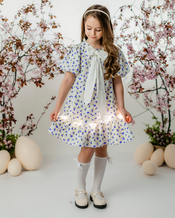 White Dress, Blue Flowers, for School / Kindergarten