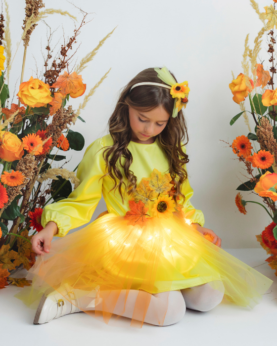Tutu Dress with Lights, Yellow with Autumn Flowers and Leaves, Fall 2025