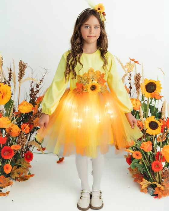 Tutu Dress with Lights, Yellow with Autumn Flowers and Leaves, Fall 2025