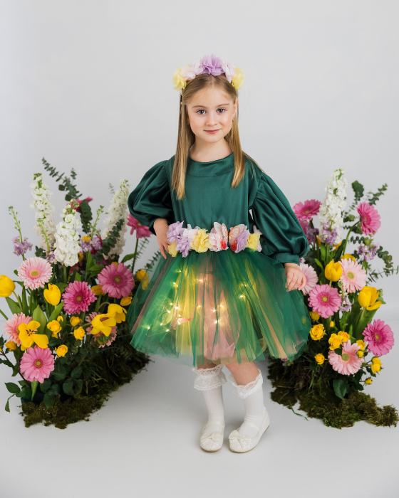 Spring Fairy Dress with Little Flowers and Butterflies, Flower Fairy, Green