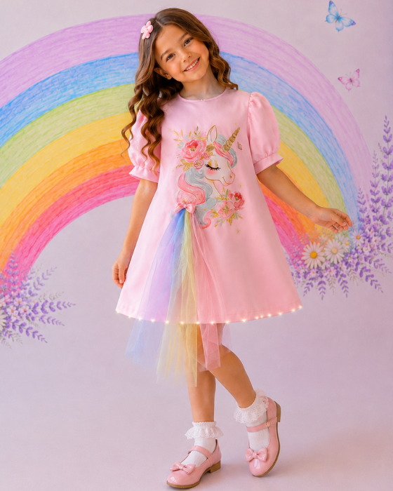 Rochița Unicorn cu tulle Curcubeu si Luminite