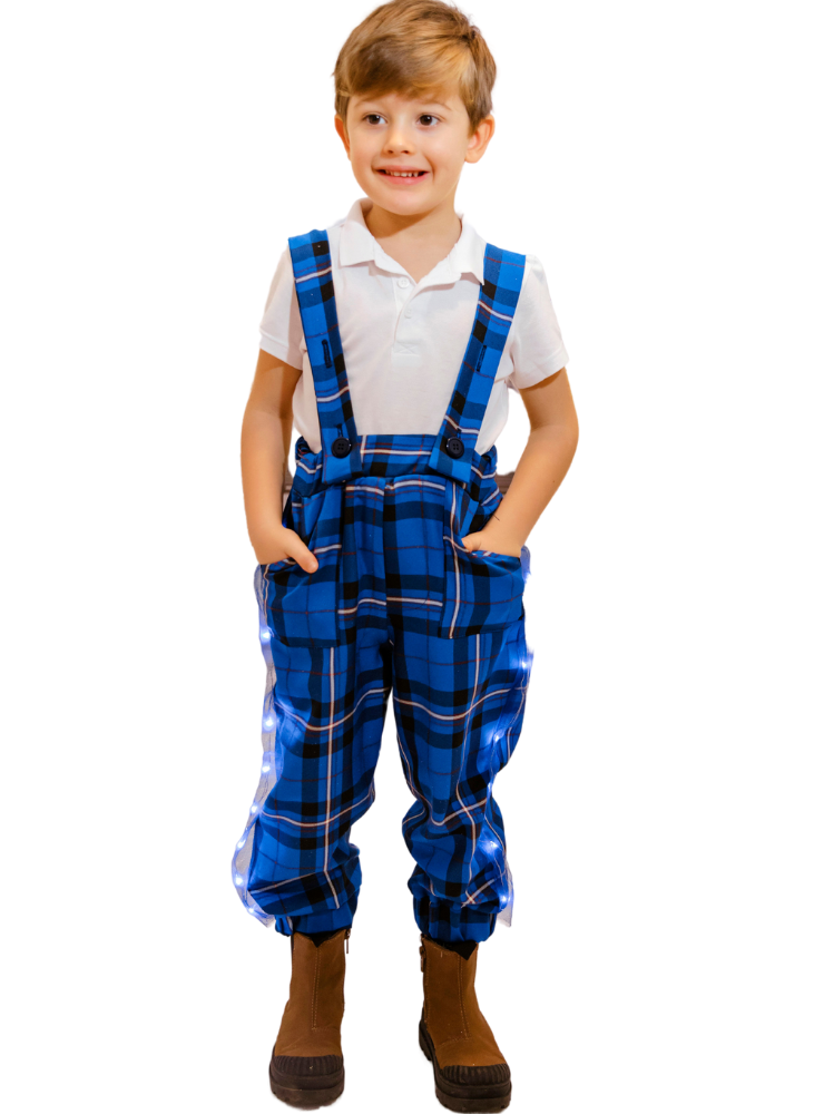 Boys' Navy Plaid Pants with Adjustable Suspenders and LEDs