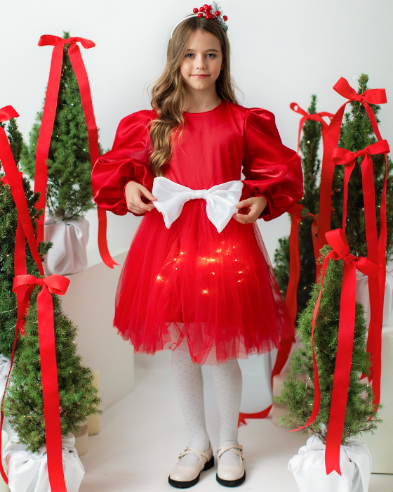 Red Dress with Lights and White Bow, for Mărțișor