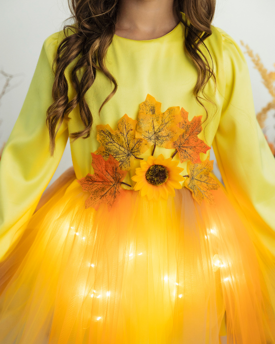 Tutu Dress with Lights, Yellow with Autumn Flowers and Leaves, Fall 2025