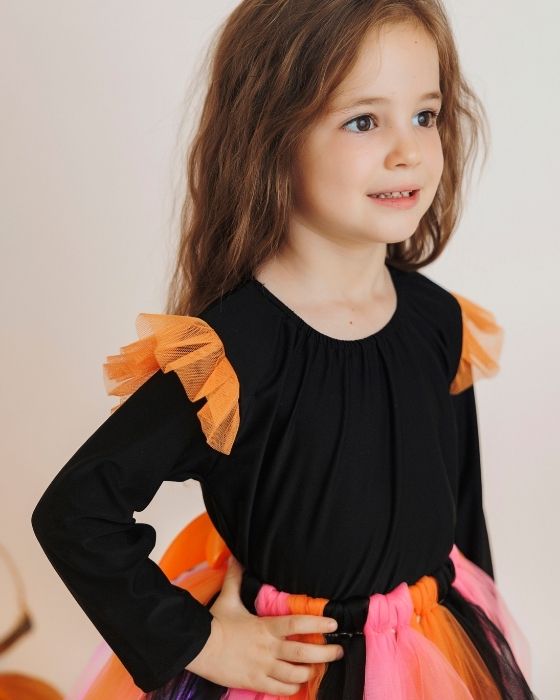 Black Bodysuit with Orange Tulle