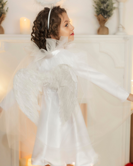 White Angel Cape, Made of Pearl Tulle, with Built-in Feather Wings