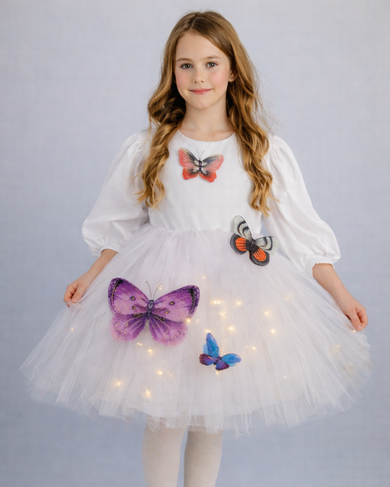 White Dress with Lights, Full of Colorful Butterflies