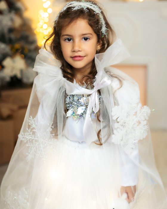 Christmas Cape, White Snowflake, Made of Pearl Tulle, with Snowflakes
