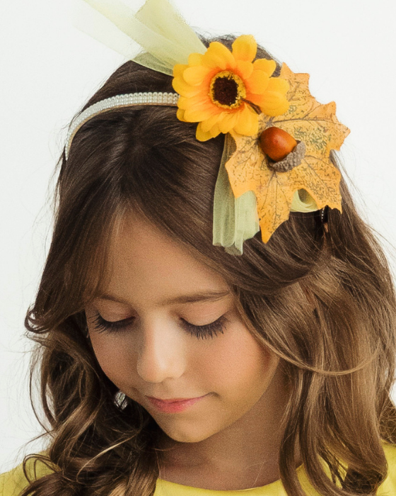 Headband with yellow tulle, acorn, leaf and flower