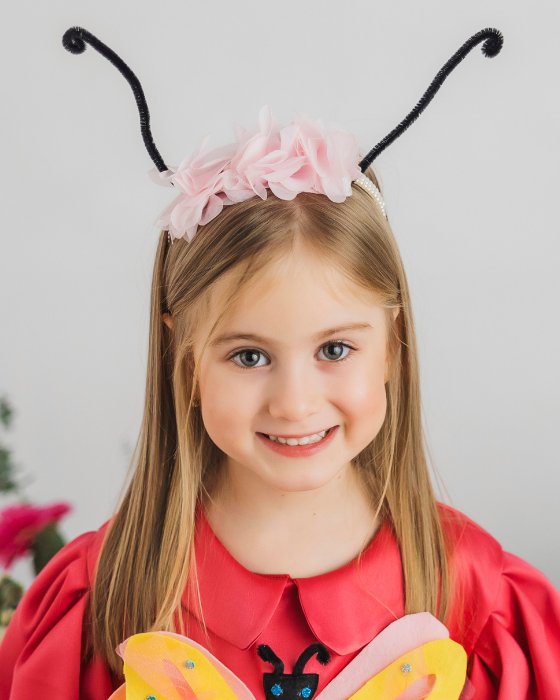 Butterfly Headband with Antennas and Pink Flowers