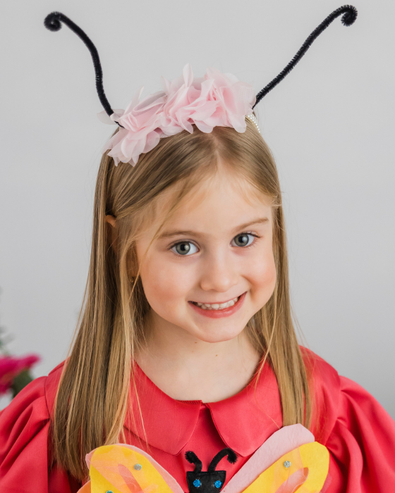Butterfly Headband with Antennas and Pink Flowers
