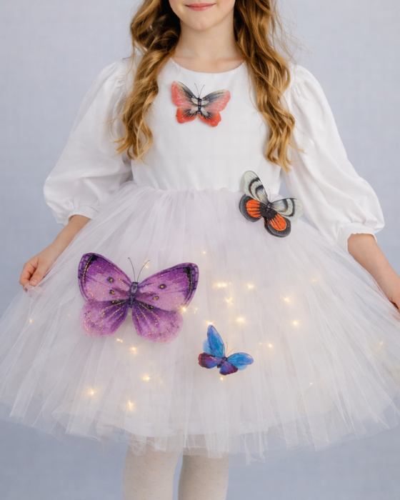 White Dress with Lights, Full of Colorful Butterflies