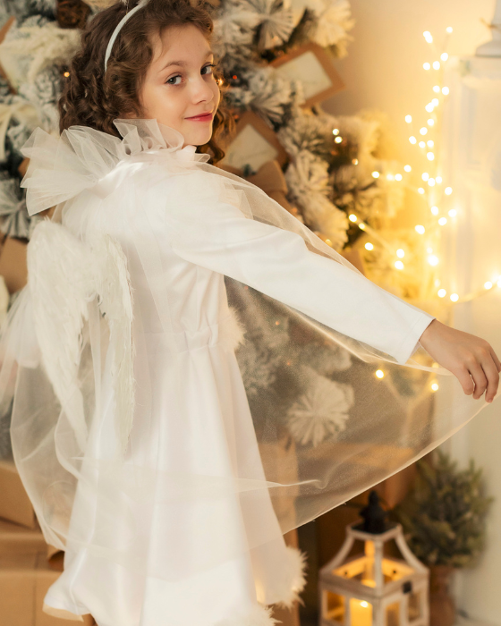 White Angel Cape, Made of Pearl Tulle, with Built-in Feather Wings